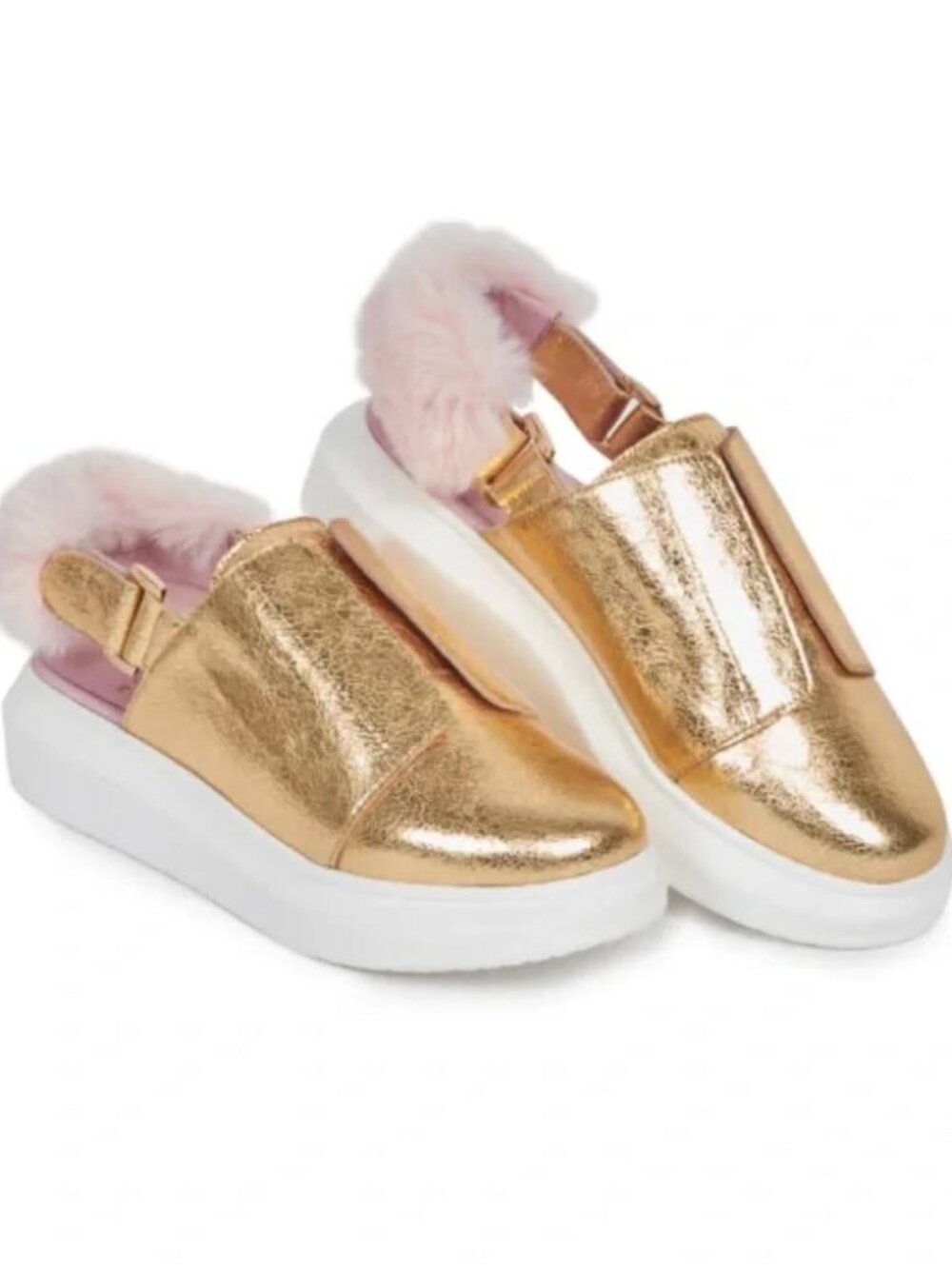 Hollie Watman Gold Leather Sneaker with Pink Fur Slingback. Size 7.5.